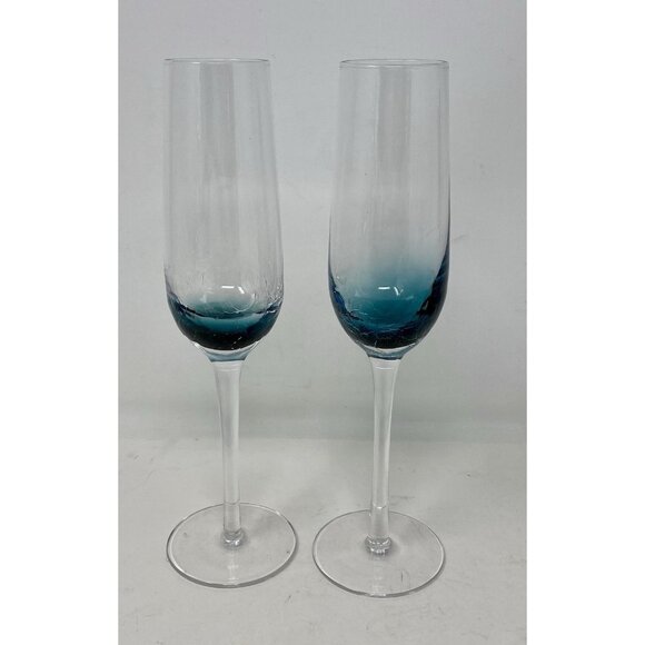 Set Of 2 Pier 1 One Crackle Glass Teal Blue Champagne Glasses Flutes 10" Tall - Picture 3 of 9
